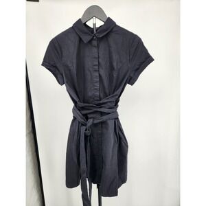 Free People Black Button Down Short Sleeve Tie Waist Shirt Dress Size 8